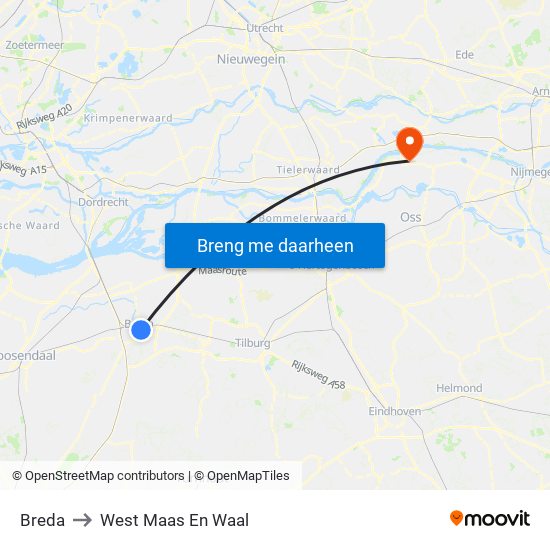 Breda to West Maas En Waal map