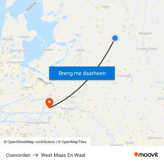 Coevorden to West Maas En Waal map