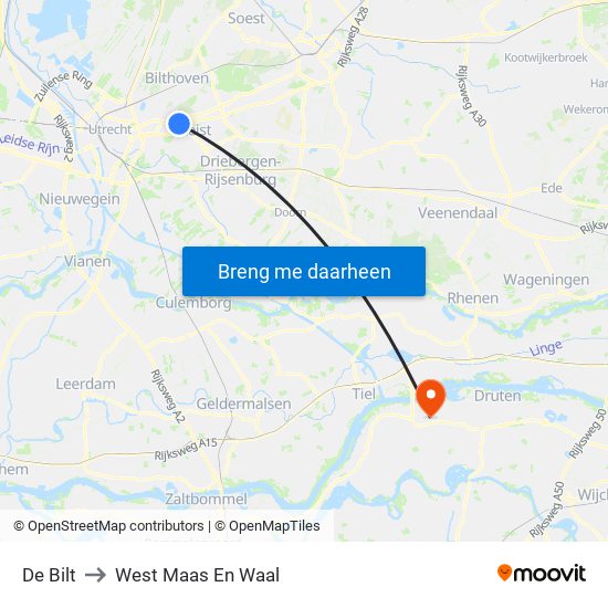 De Bilt to West Maas En Waal map