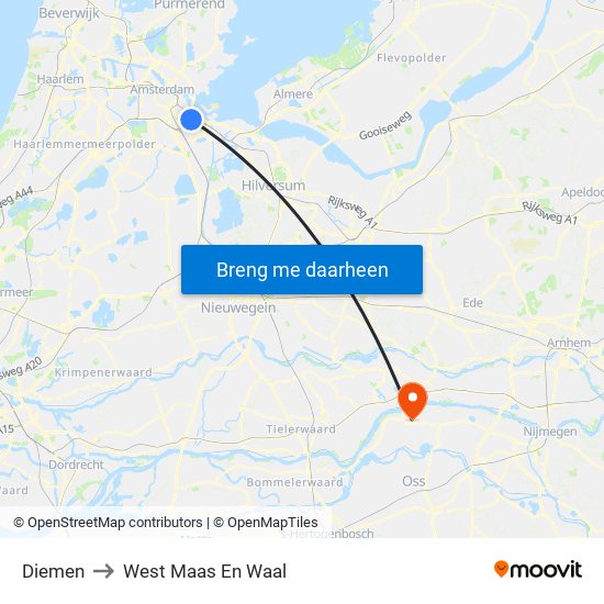 Diemen to West Maas En Waal map