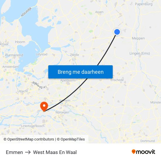 Emmen to West Maas En Waal map