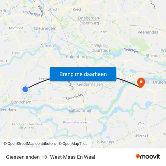 Giessenlanden to West Maas En Waal map