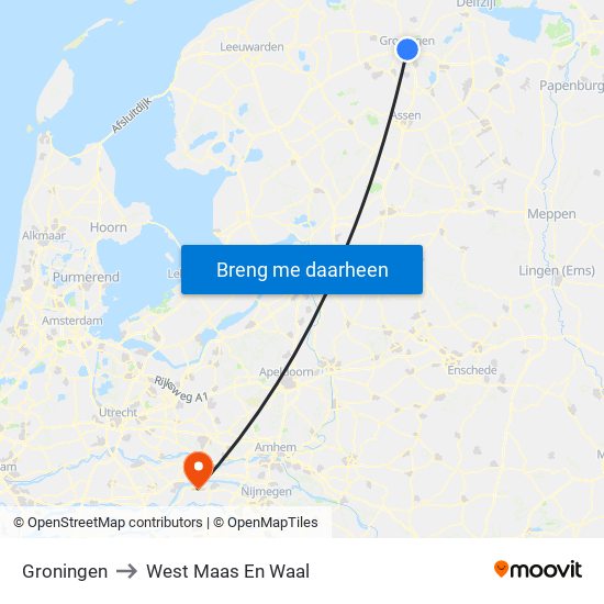 Groningen to West Maas En Waal map