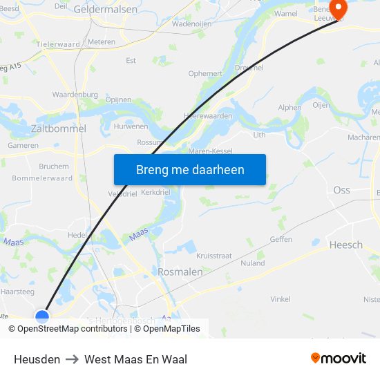 Heusden to West Maas En Waal map