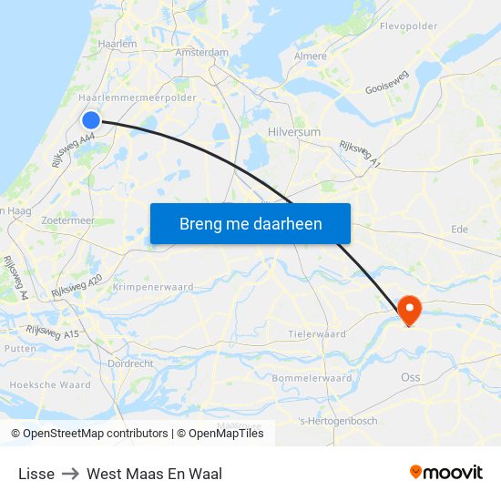 Lisse to West Maas En Waal map