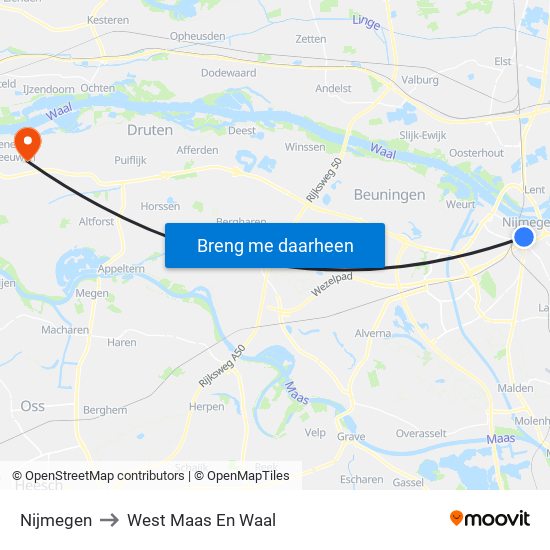 Nijmegen to West Maas En Waal map