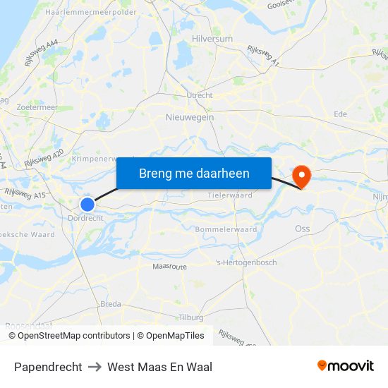 Papendrecht to West Maas En Waal map