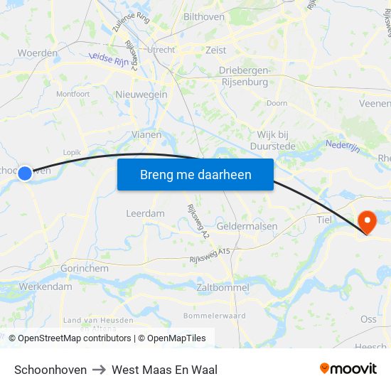 Schoonhoven to West Maas En Waal map