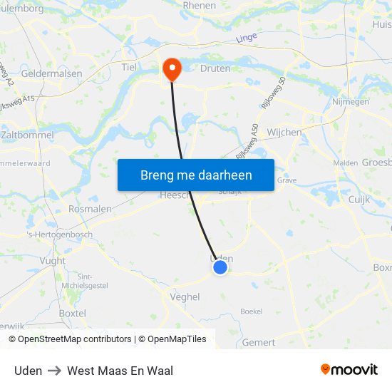 Uden to West Maas En Waal map