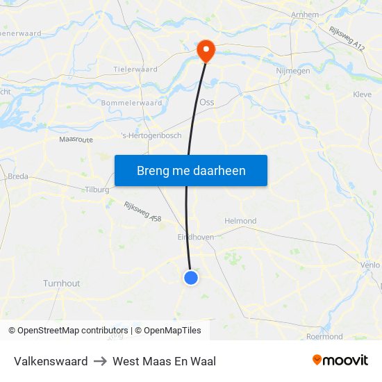 Valkenswaard to West Maas En Waal map