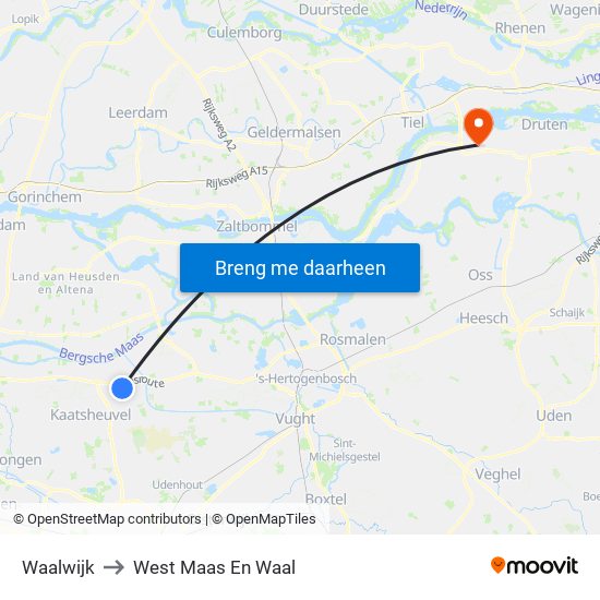 Waalwijk to West Maas En Waal map