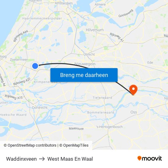 Waddinxveen to West Maas En Waal map