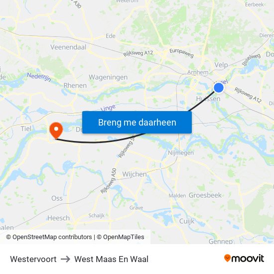Westervoort to West Maas En Waal map