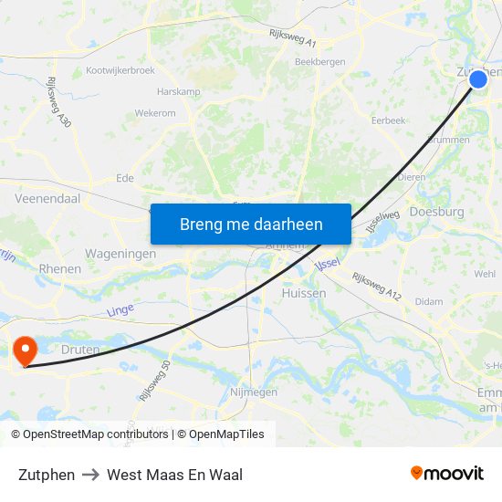 Zutphen to West Maas En Waal map
