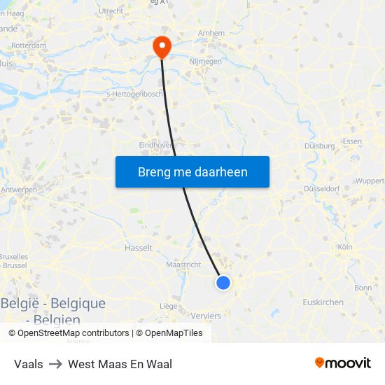 Vaals to West Maas En Waal map