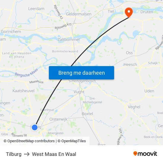 Tilburg to West Maas En Waal map