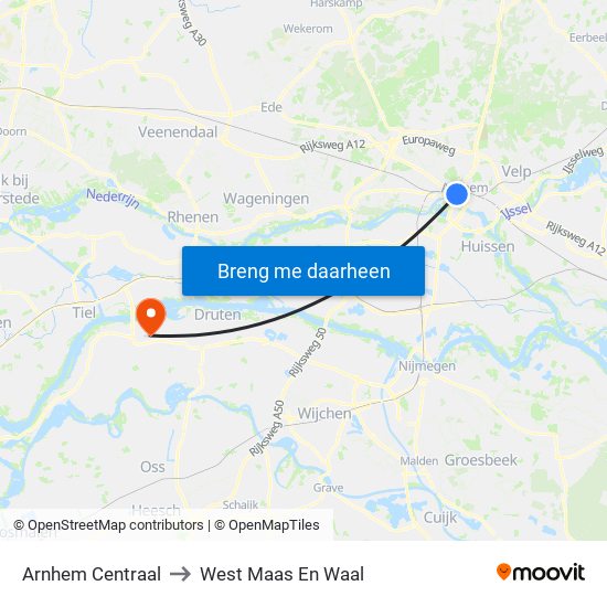 Arnhem Centraal to West Maas En Waal map