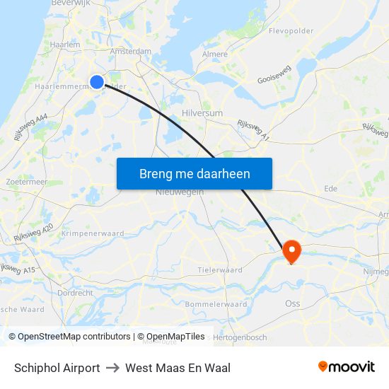 Schiphol Airport to West Maas En Waal map