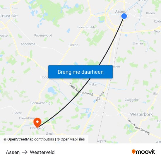 Assen to Westerveld map