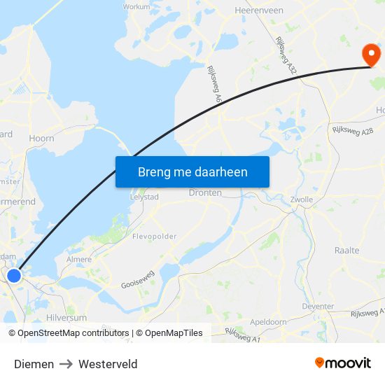 Diemen to Westerveld map