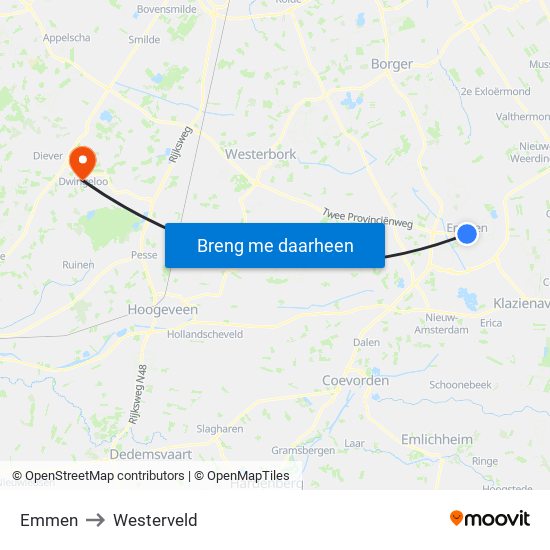 Emmen to Westerveld map