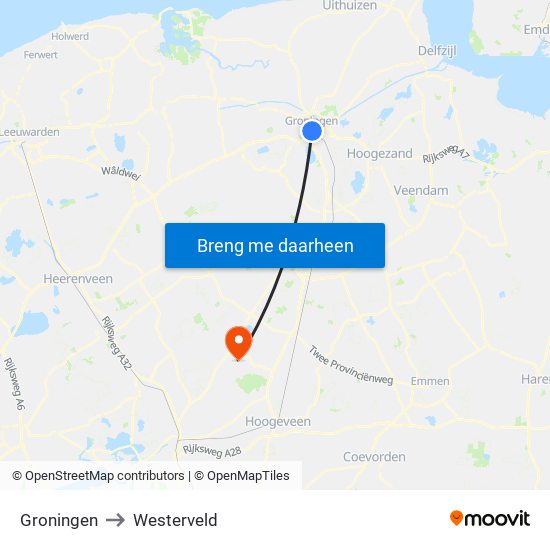 Groningen to Westerveld map