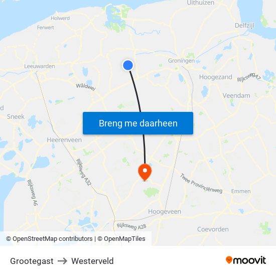 Grootegast to Westerveld map