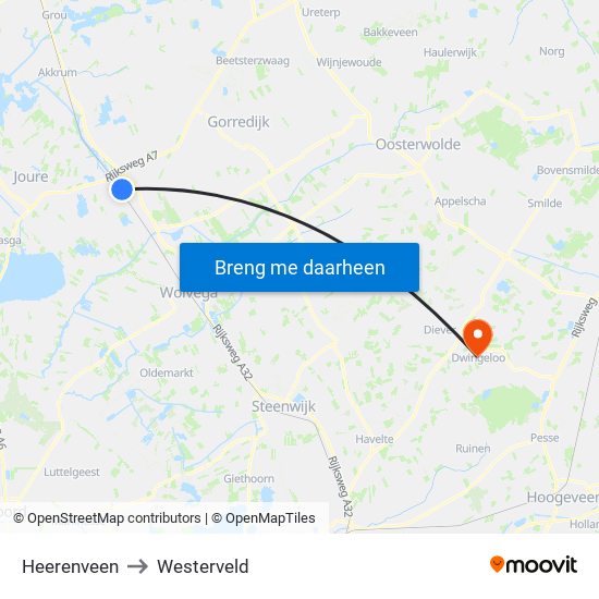 Heerenveen to Westerveld map