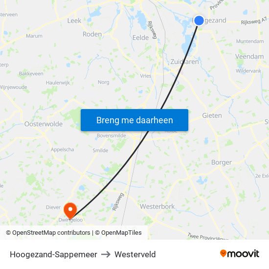 Hoogezand-Sappemeer to Westerveld map