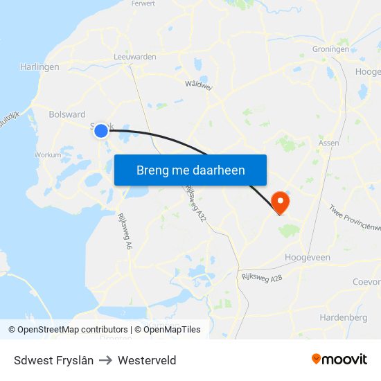 Sdwest Fryslân to Westerveld map