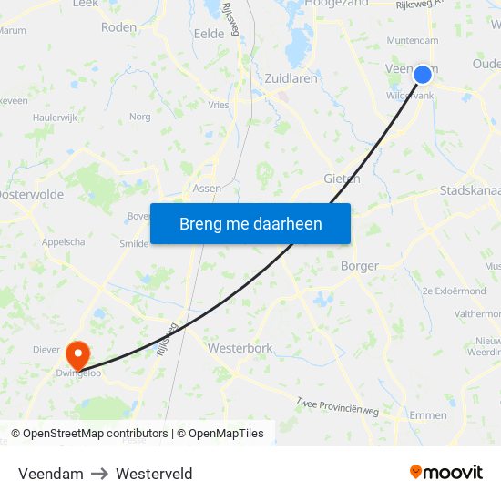 Veendam to Westerveld map