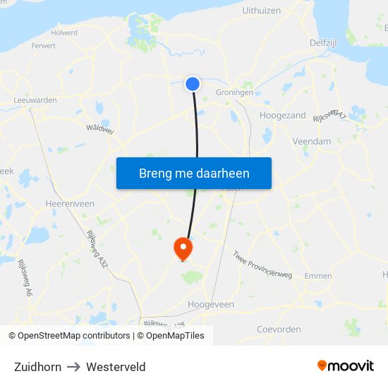 Zuidhorn to Westerveld map