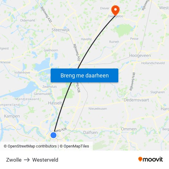 Zwolle to Westerveld map