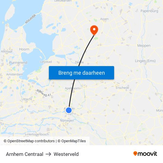 Arnhem Centraal to Westerveld map