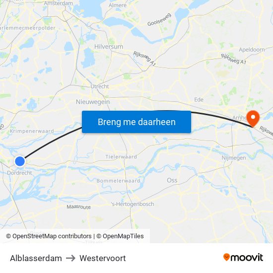 Alblasserdam to Westervoort map