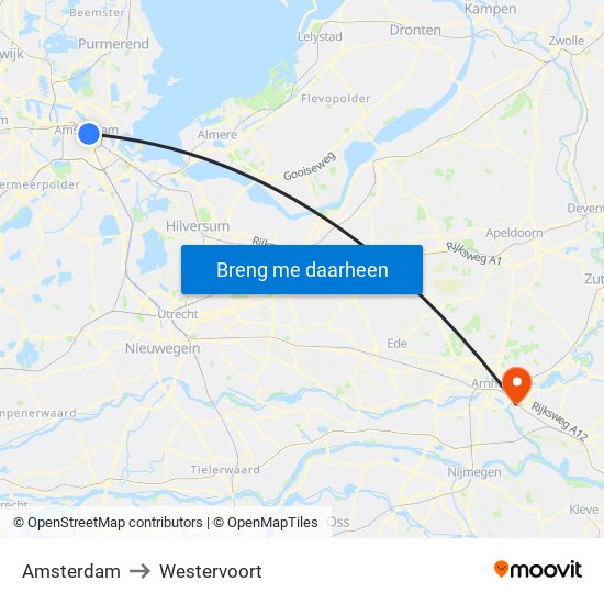 Amsterdam to Westervoort map