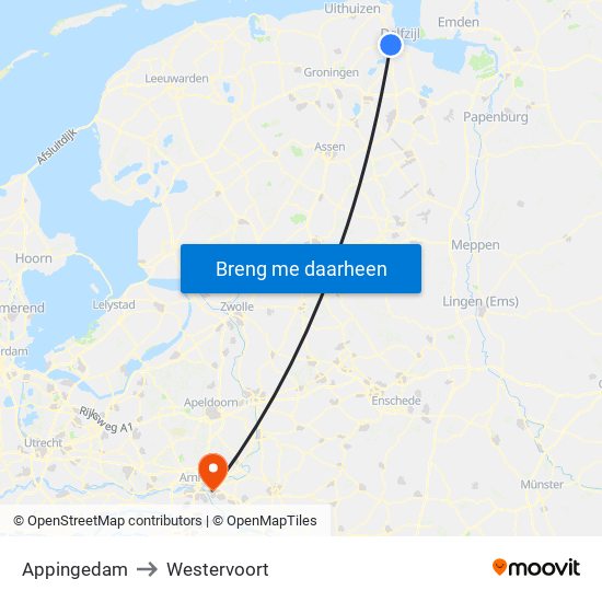 Appingedam to Westervoort map