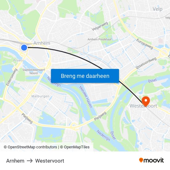 Arnhem to Westervoort map