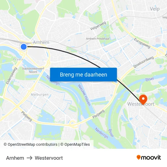 Arnhem to Westervoort map