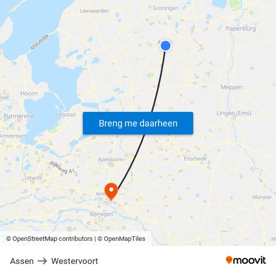 Assen to Westervoort map