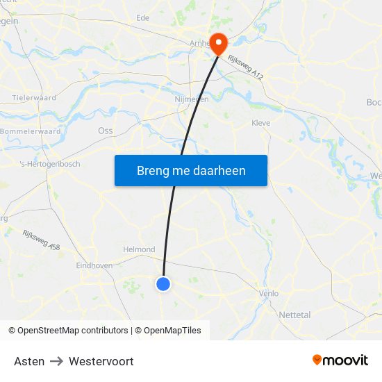 Asten to Westervoort map