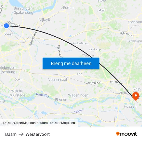 Baarn to Westervoort map