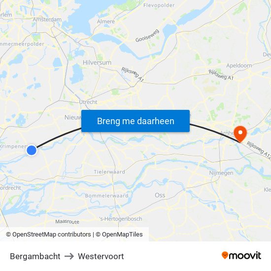 Bergambacht to Westervoort map