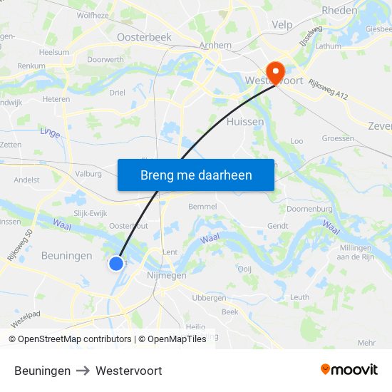 Beuningen to Westervoort map