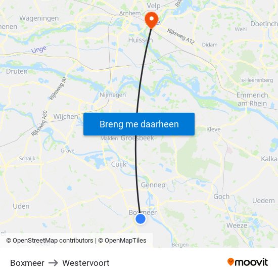 Boxmeer to Westervoort map