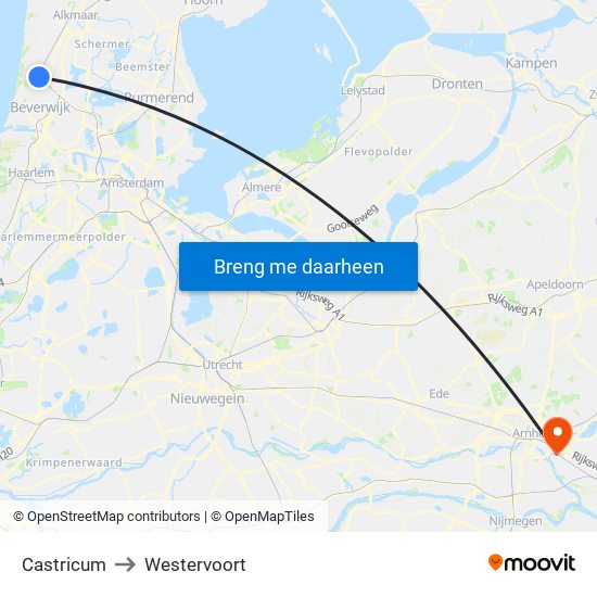 Castricum to Westervoort map