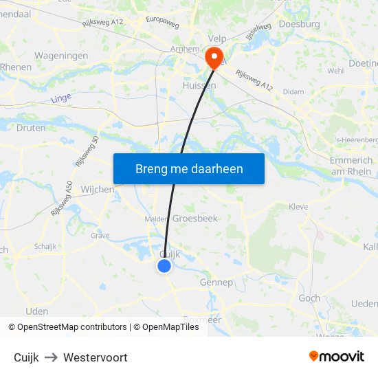 Cuijk to Westervoort map