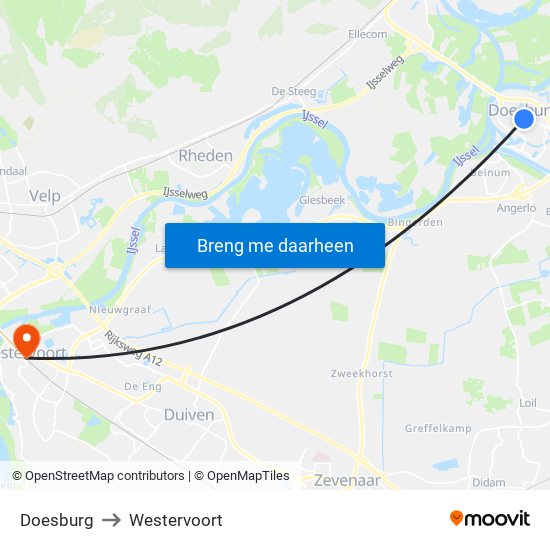 Doesburg to Westervoort map