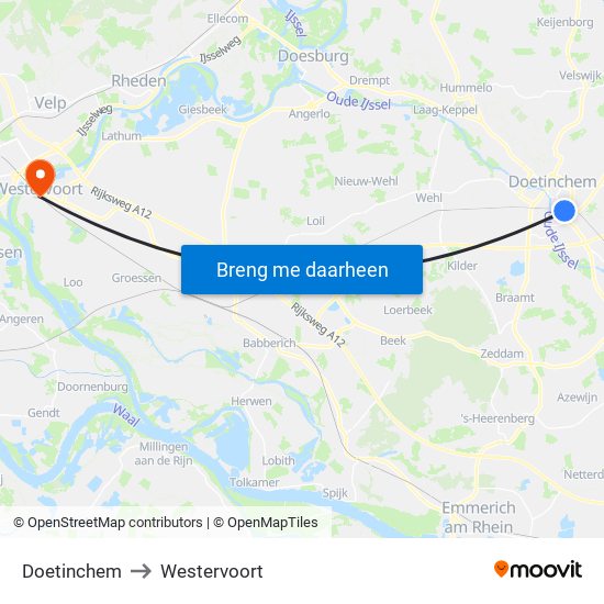 Doetinchem to Westervoort map