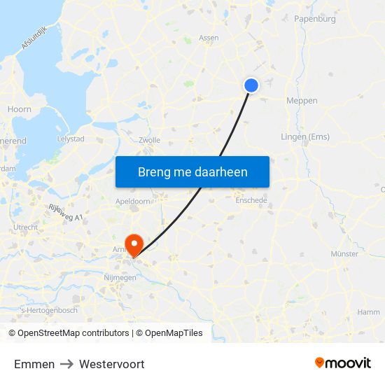Emmen to Westervoort map